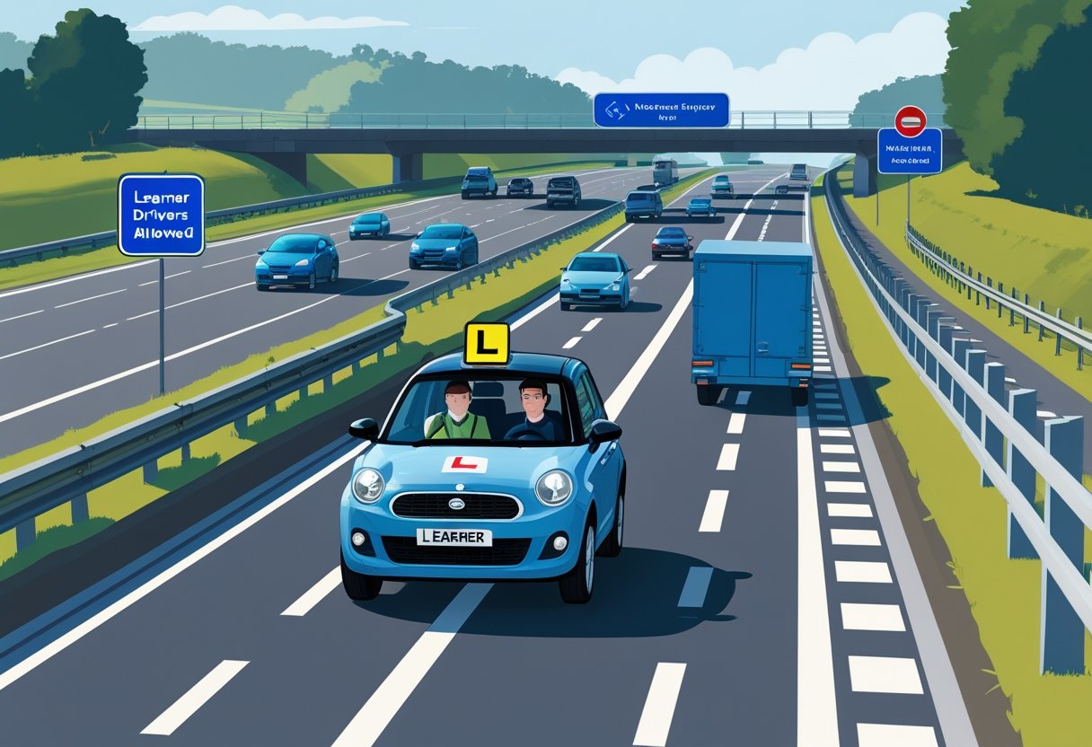 A learner driver in a car with an L plate cautiously driving on a busy motorway with other fast-moving vehicles and motorway signs visible.