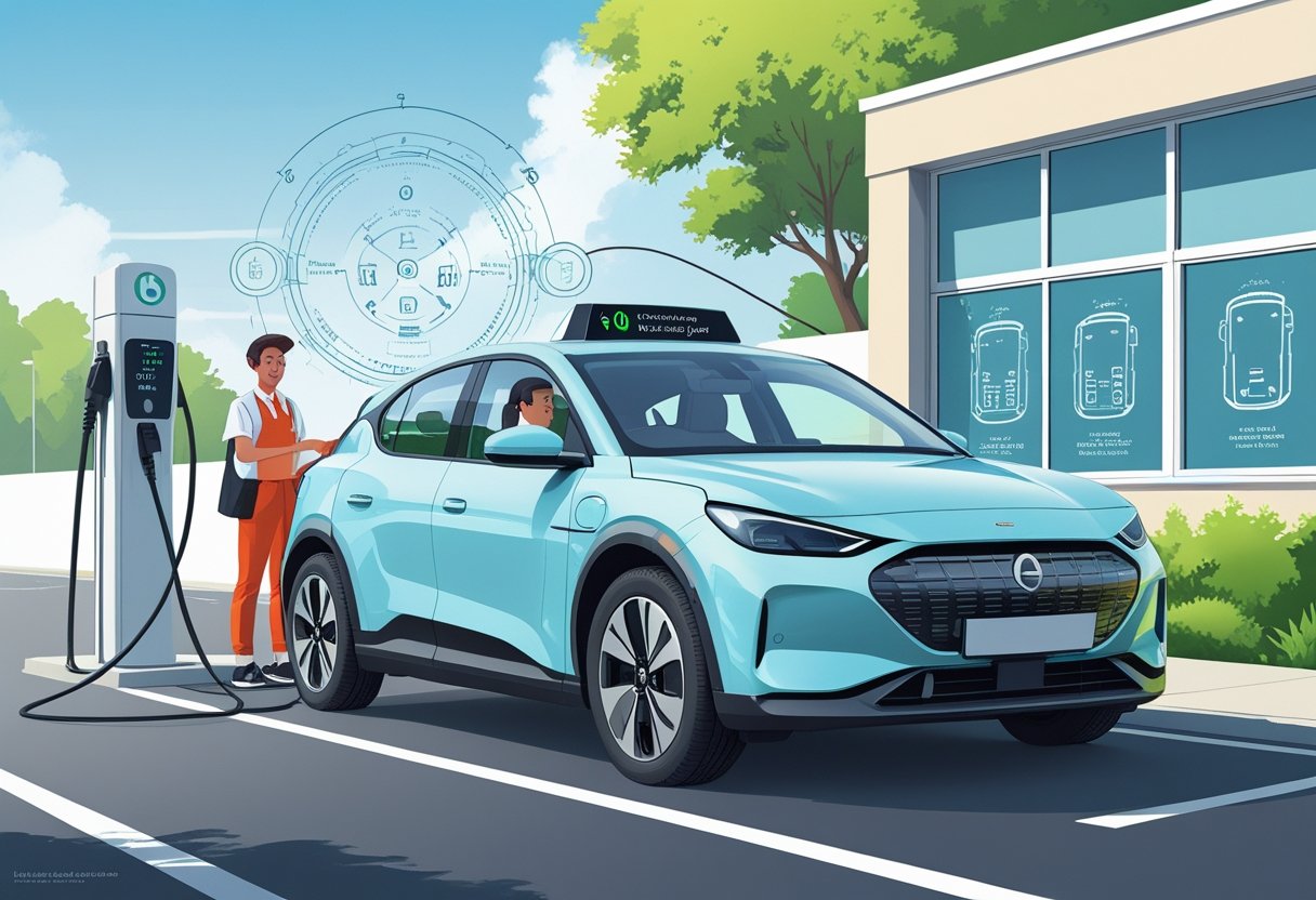 A learner driver in an electric car with an instructor standing outside near a charging station beside a driving school building.