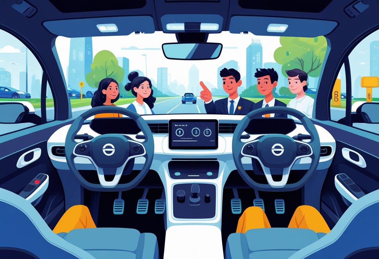 Two driving simulators side by side with learners practicing automatic and manual driving, guided by an instructor in a futuristic driving school environment.