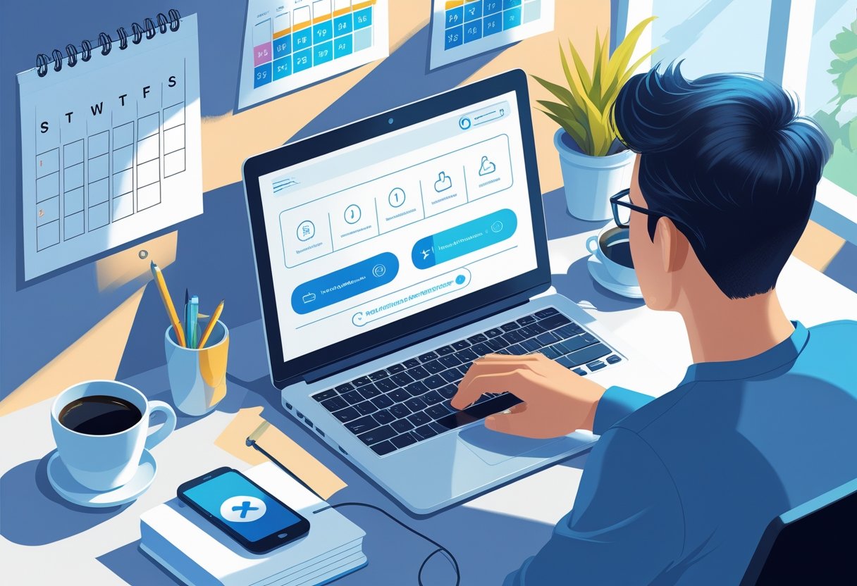 A person sitting at a desk using a laptop to book a theory test online, with a calendar on the wall and a smartphone nearby.