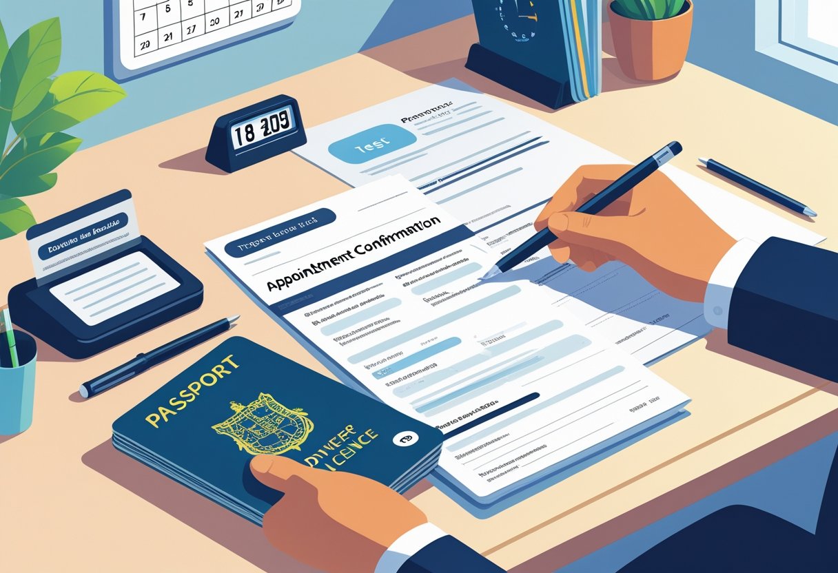 A desk with a hand holding a driver's licence, passport, and appointment letter, with a calendar and clock in the background.