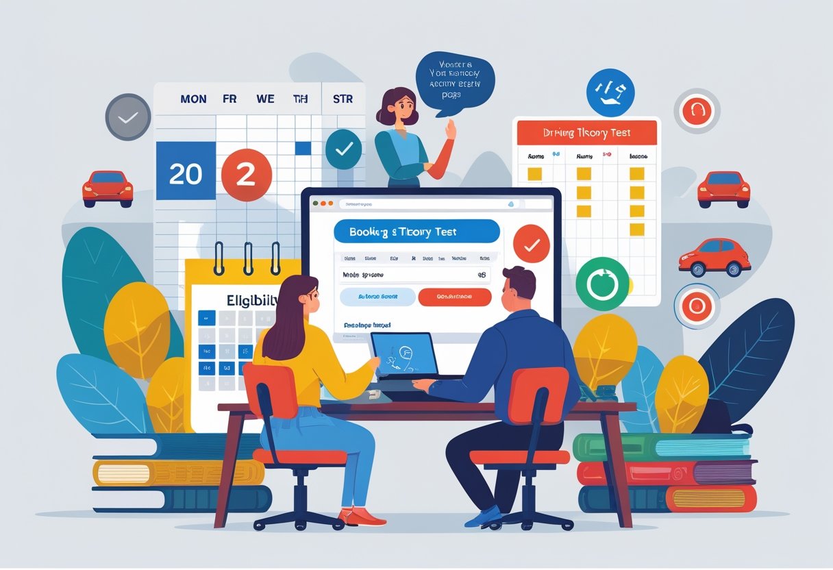 People using a laptop to book a driving theory test online, with a calendar and eligibility checklist visible nearby.
