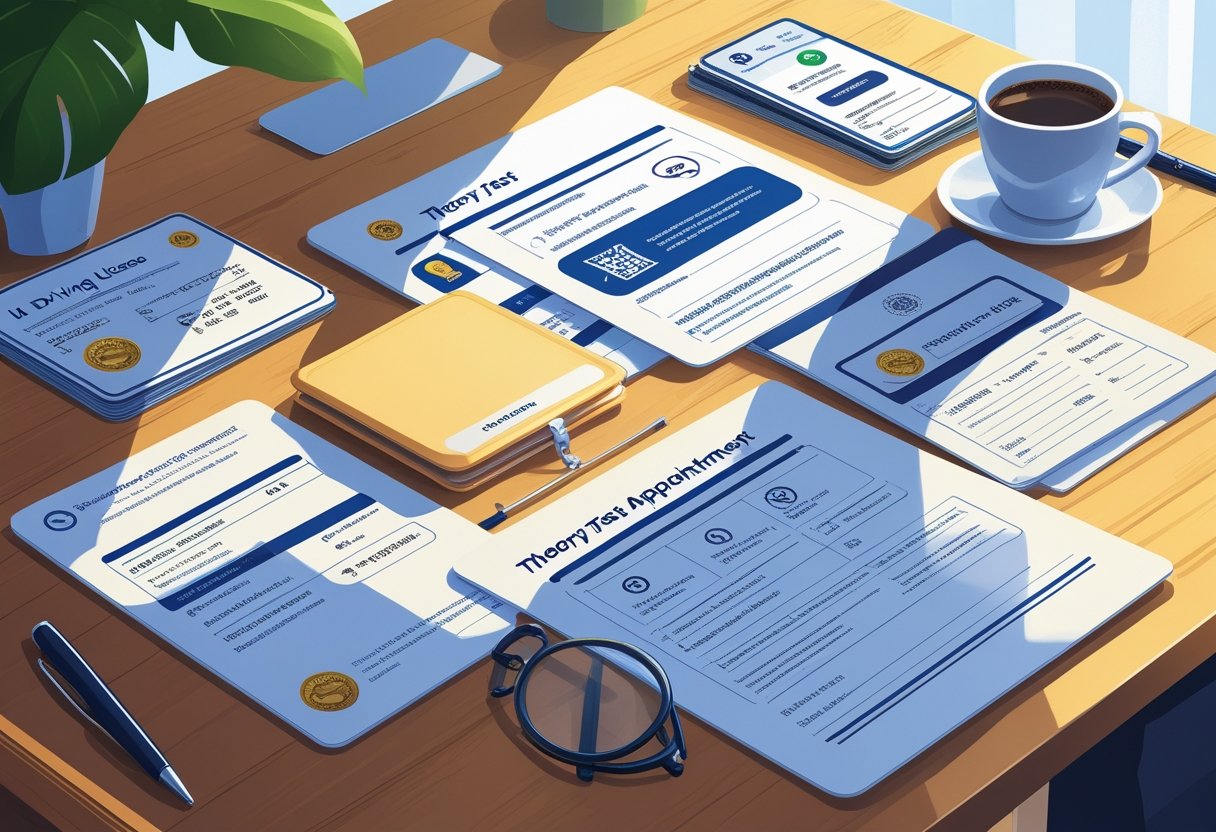 A desk with important documents for a theory test arranged neatly, including a driving licence, ID card, passport, and appointment letter, alongside glasses and a pen.
