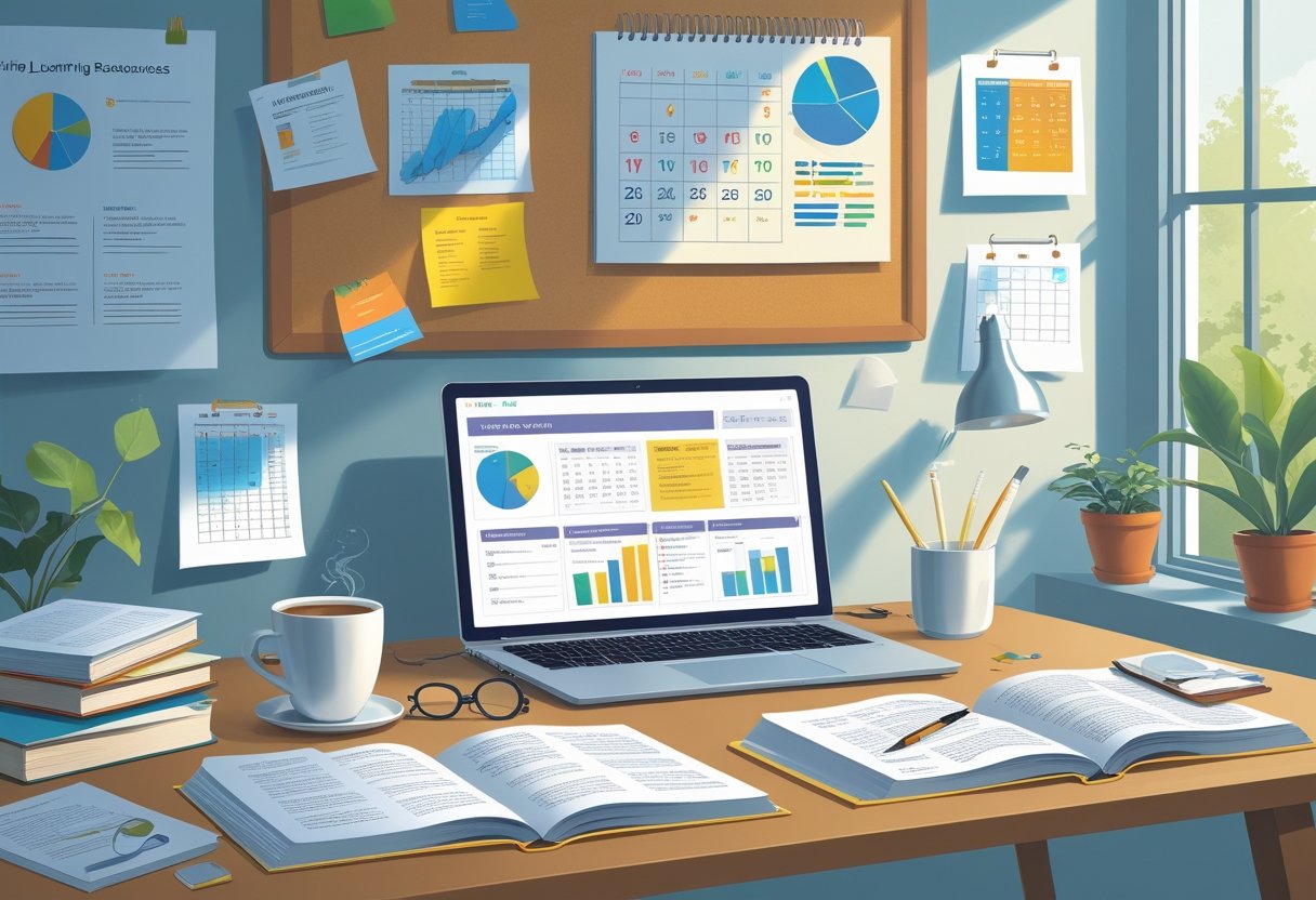 A study desk with a laptop, open books, notes, and a cup of tea in a well-lit room with a bulletin board in the background.