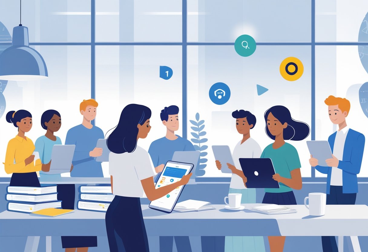 People studying driving theory on laptops and tablets in a bright room with driving-related symbols around them.