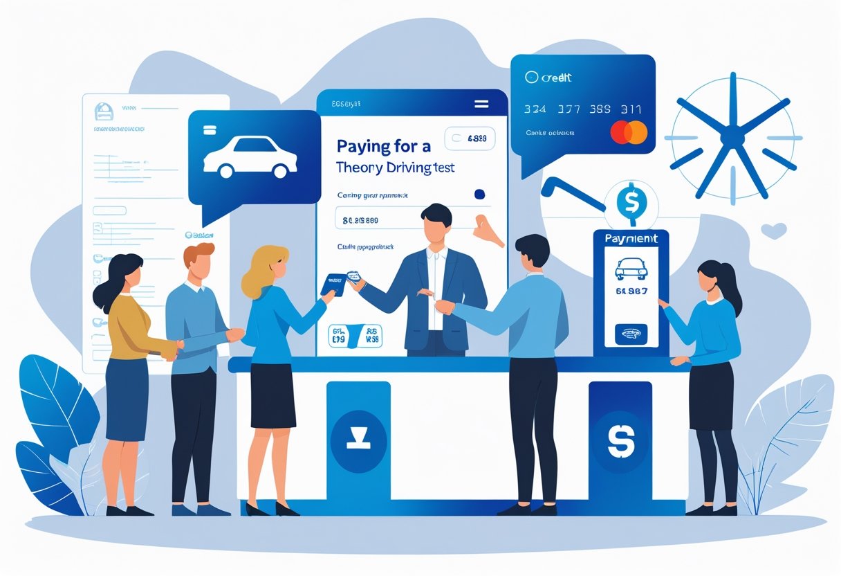 People making payments using a credit card, smartphone, and cash at a payment counter with driving test symbols in the background.