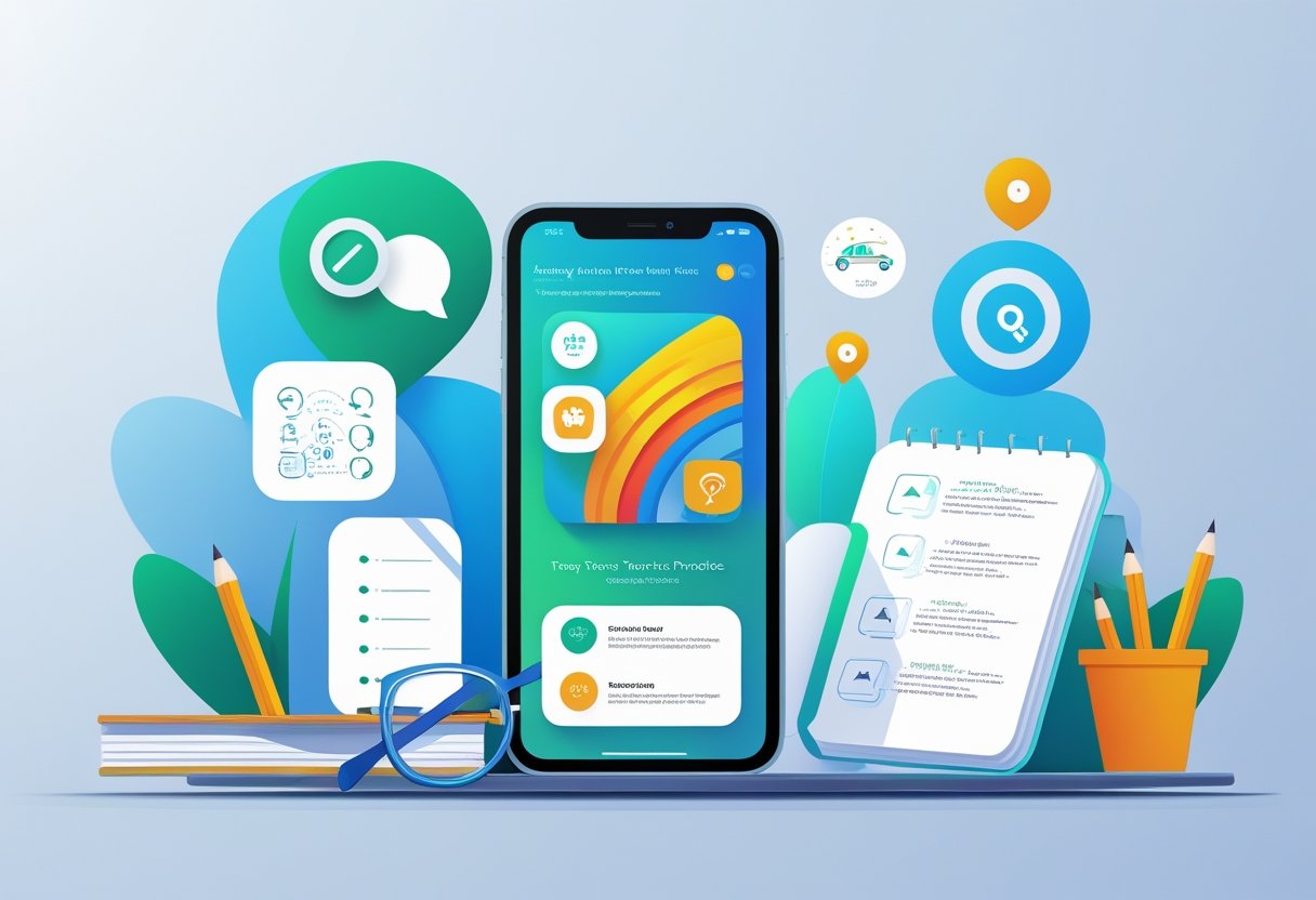 A smartphone showing a colourful app interface on a desk with a notebook, pencil, glasses, and faint road signs in the background.