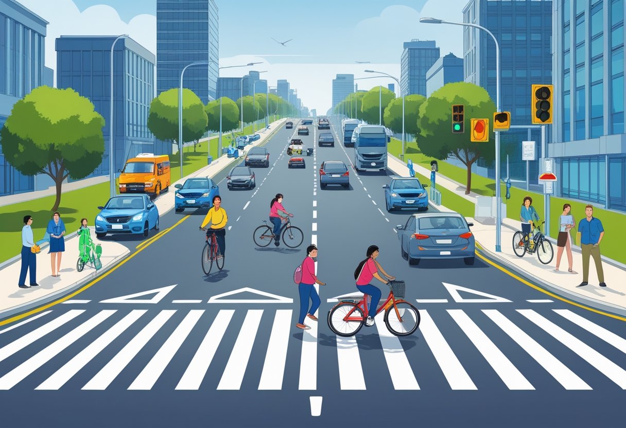 A busy urban road scene showing pedestrians crossing, cyclists on a bike lane, cars, motorcycles, buses, and trucks arranged to show the priority of different road users.