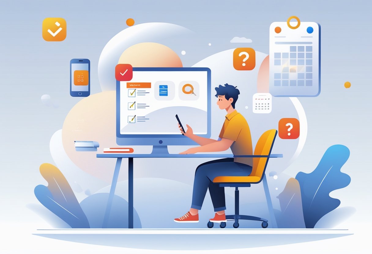 A person sitting at a desk using a smartphone with floating icons representing study and progress around them.