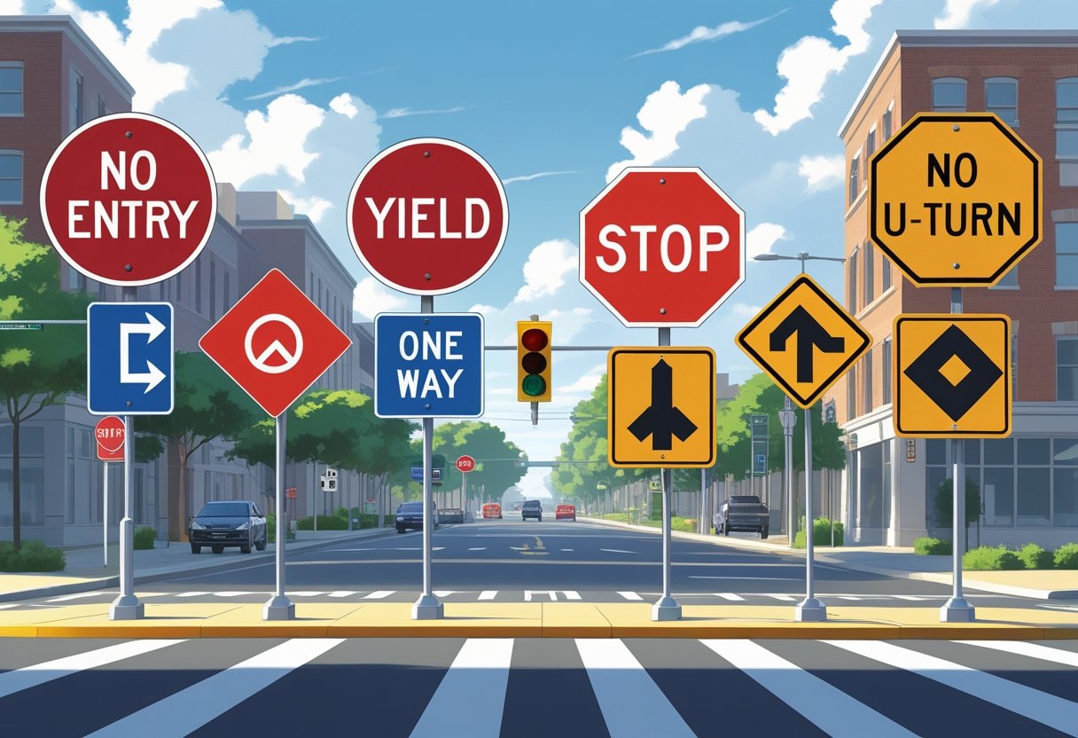 A street scene showing various common road signs such as stop, yield, no entry, one way, and no U-turn signs displayed clearly on poles along a road with vehicles and traffic lights in the background.