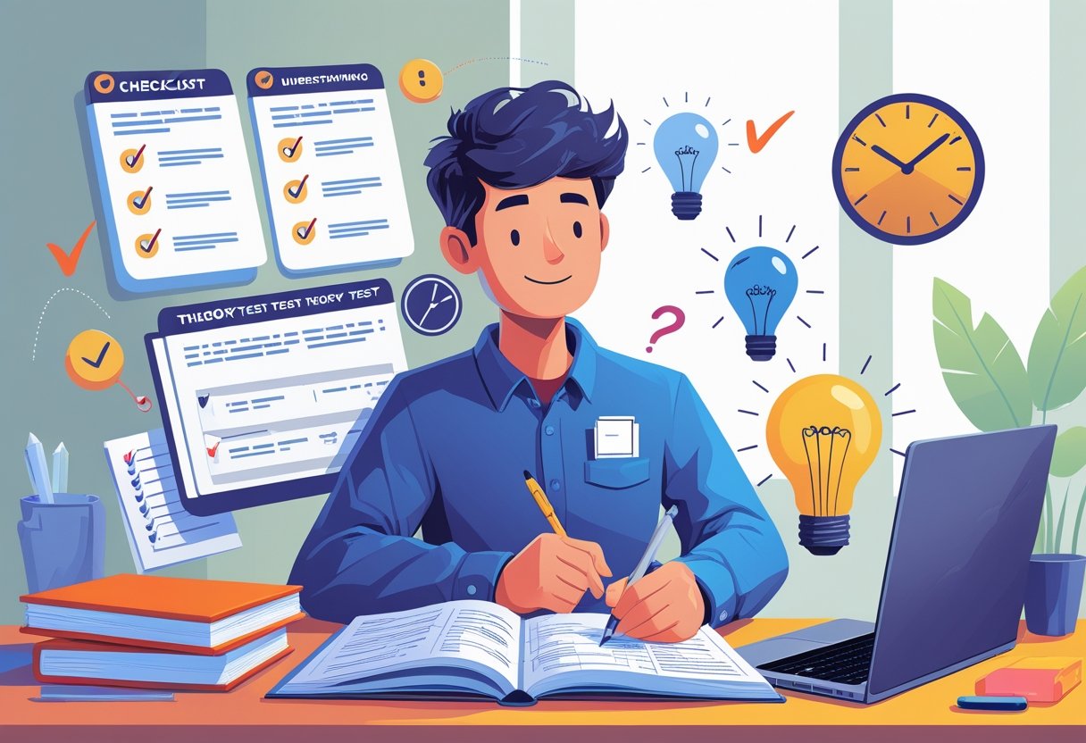 A person studying at a desk with books and a laptop, surrounded by symbols of learning and success.