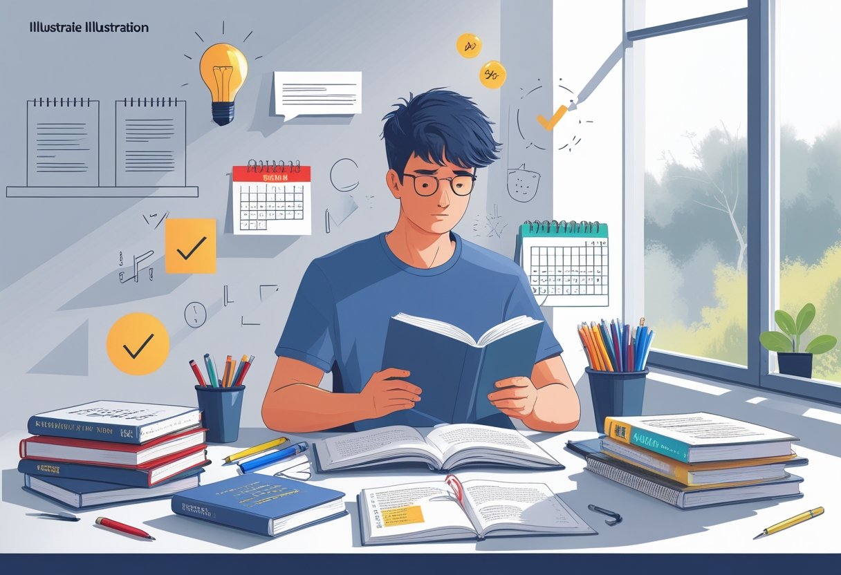 A student studying at a desk with books and notes, looking focused and prepared for a test.