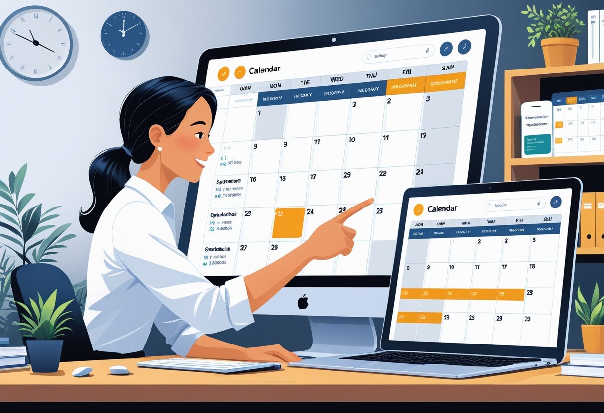 A person at a desk using a touchscreen calendar to reschedule or cancel an appointment, with a smartphone and laptop nearby.