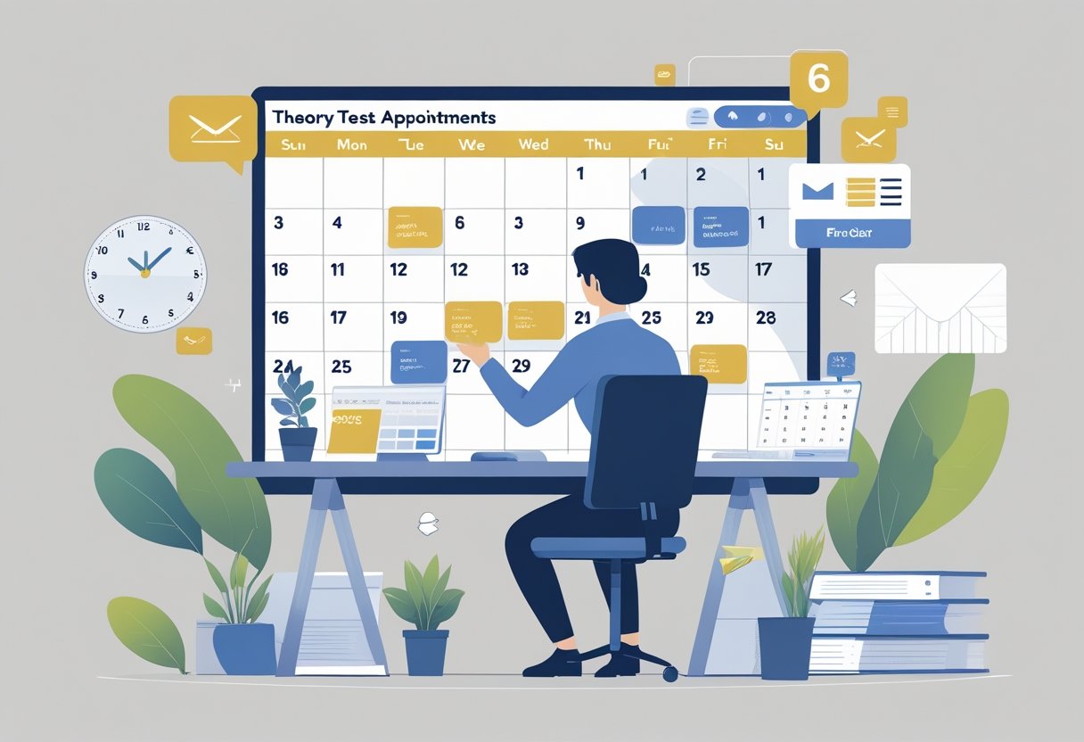 A person speaking with a customer service representative at a desk, looking at a calendar on a screen showing appointment dates.