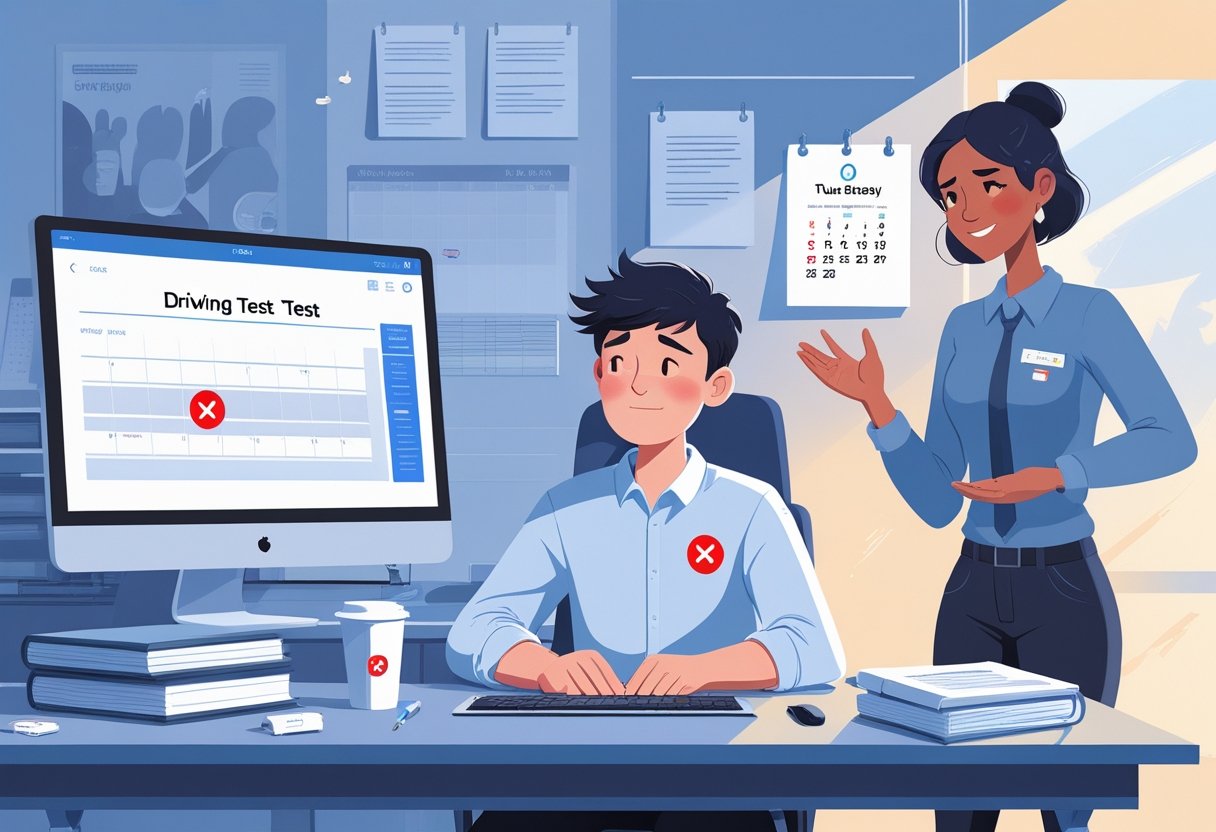 A young adult sitting at a desk looking at a computer screen with a test result, surrounded by study materials and a supportive instructor offering guidance.