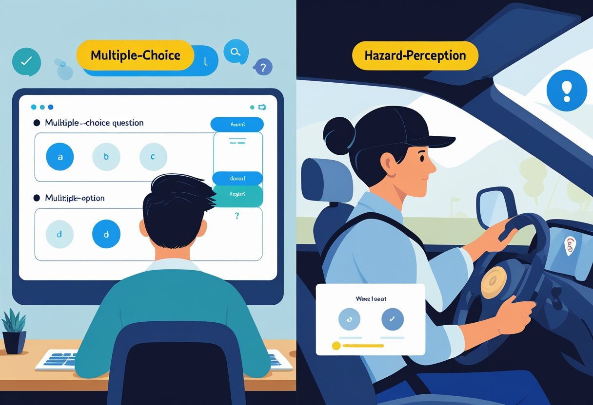 A split scene showing a person choosing an answer on a screen and a driver watching for hazards on the road.