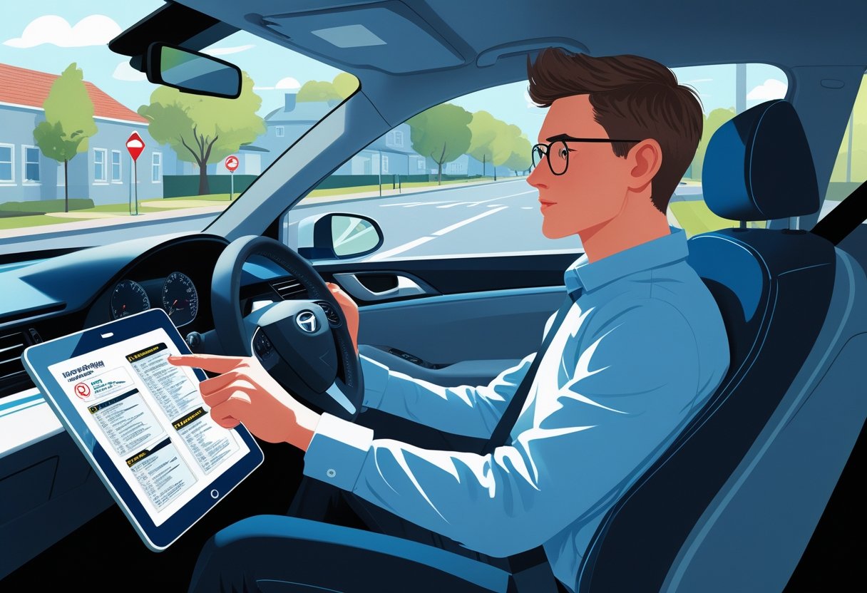 A young adult driver sitting in a car looking thoughtfully at a tablet showing a highway code manual, with a suburban street visible outside.