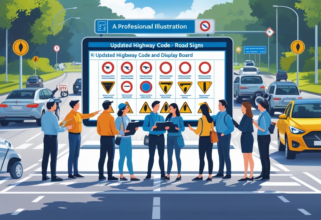 A group of drivers looking at a digital board displaying updated road signs and highway code symbols on a city street with various vehicles nearby.