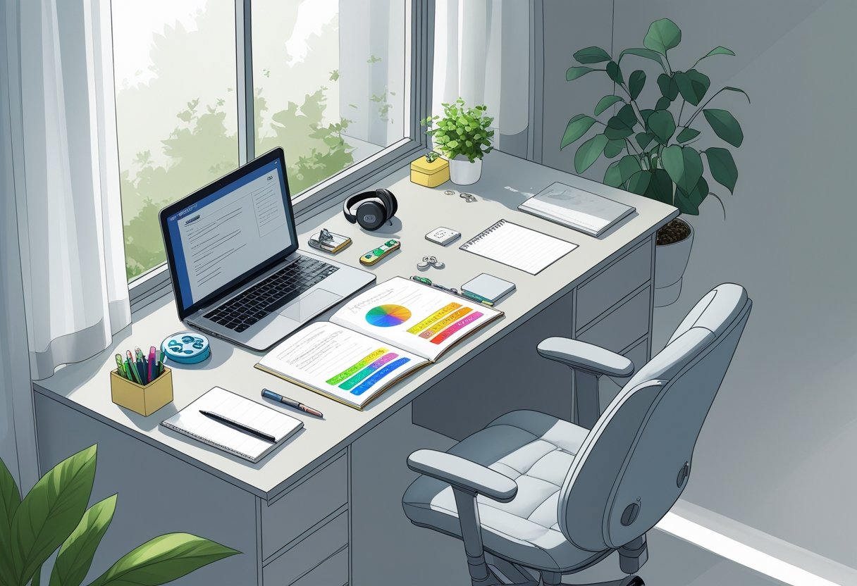 A tidy study desk with a laptop, colour-coded notes, headphones, a fidget toy, and a small plant in a calm, organised room.