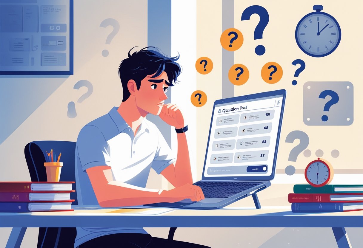 A young adult sitting at a desk looking thoughtfully at a laptop with test questions, surrounded by books and a clock.