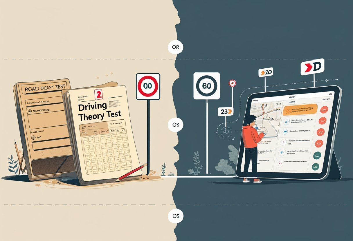 A split scene showing an older paper-based driving theory test on the left and a modern digital driving theory test on the right, connected by a timeline indicating change over time.