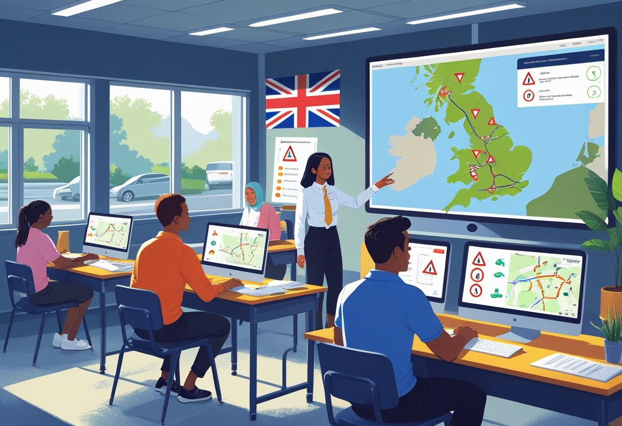 A diverse group of people sitting at desks using computers in a classroom, with an instructor pointing at a digital map of the UK showing roads and traffic signs.