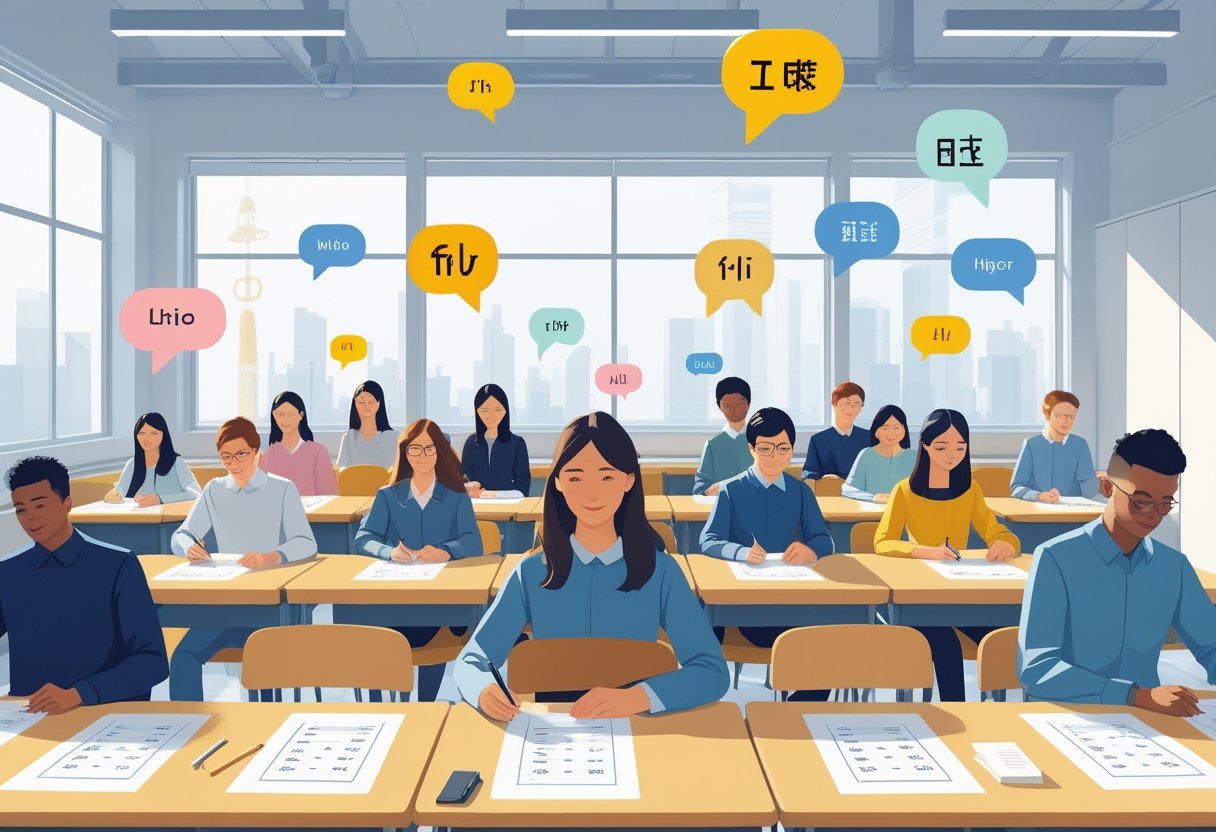 A group of people taking a theory test in a classroom with symbols representing different languages around them.