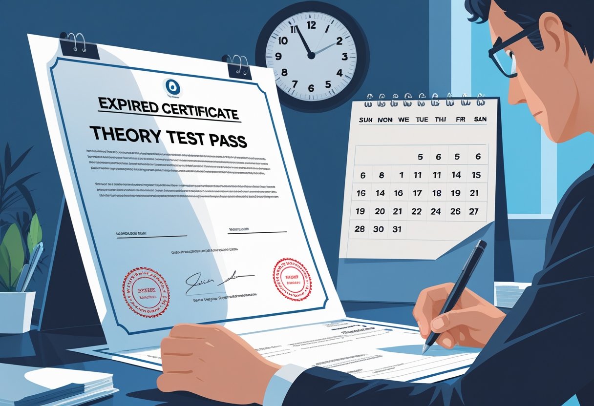 A certificate on a desk with a red expiration mark, a calendar with crossed-out dates, a clock showing time passing, and a person looking concerned.