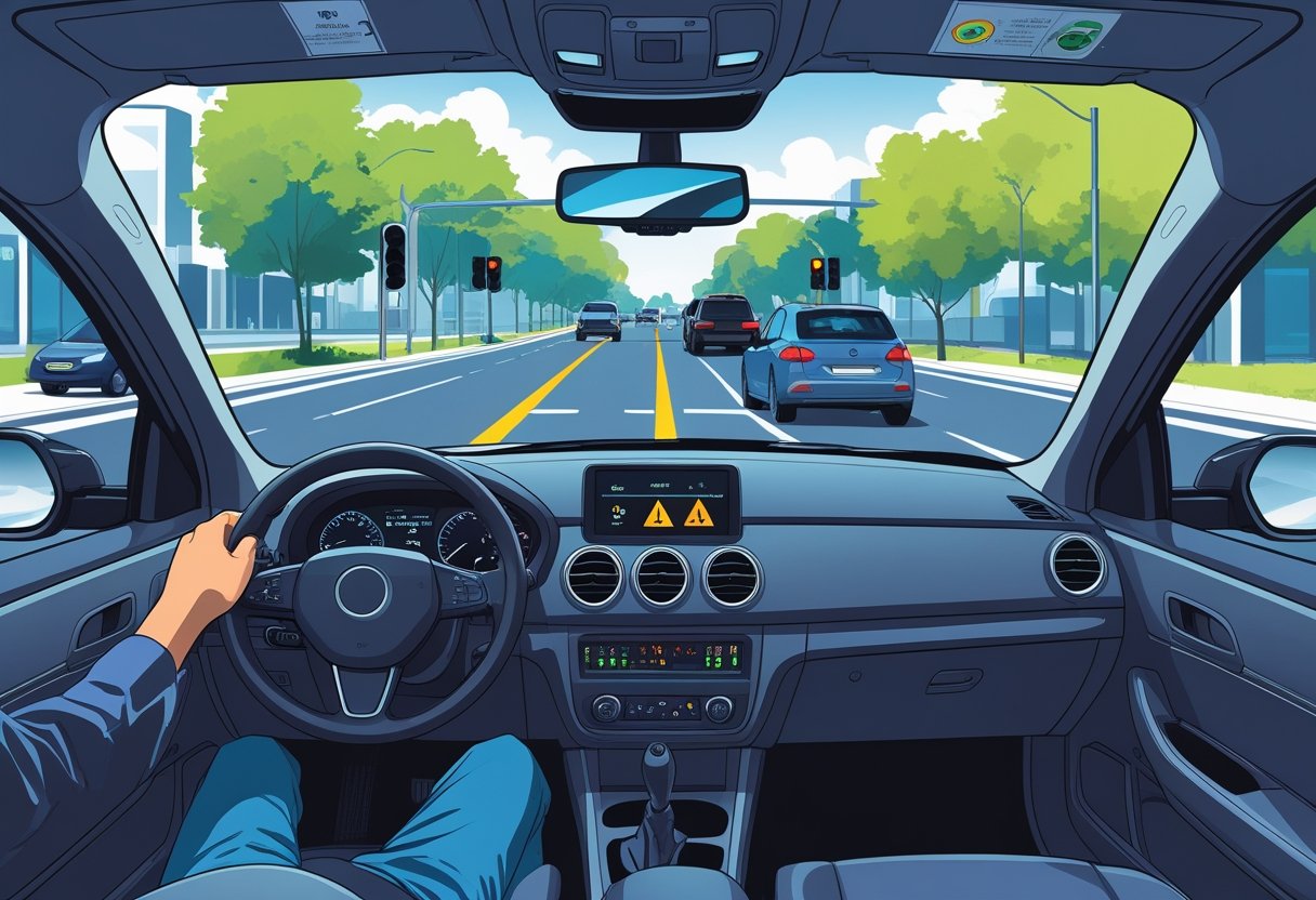 A driver inside a car notices a pedestrian crossing, a cyclist nearby, and a traffic light changing, showing awareness of road hazards.