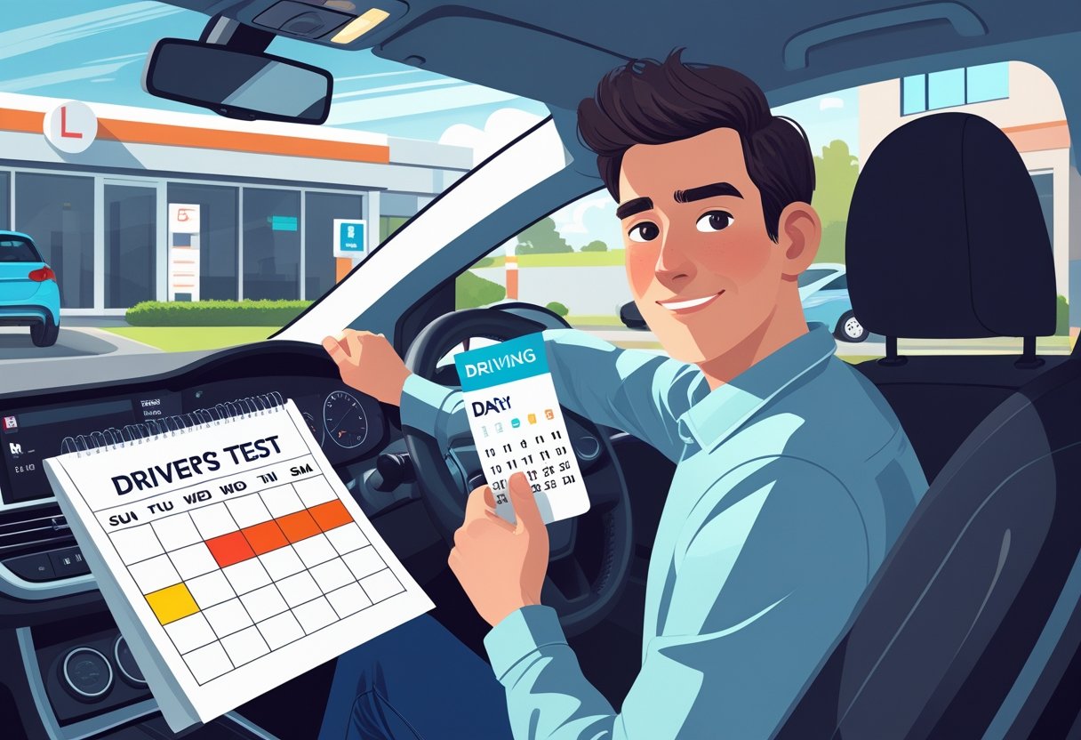 A person sitting in a car holding a driver's licence and a calendar with marked dates, outside a driving test centre.