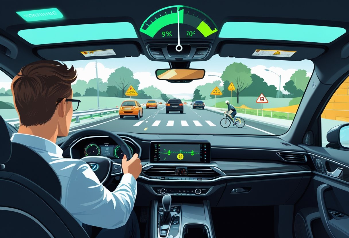 A driver in a car attentively watching the road with visible hazards like a pedestrian crossing, cyclist, braking car, and construction zone, with a digital score meter showing a high hazard-perception score.