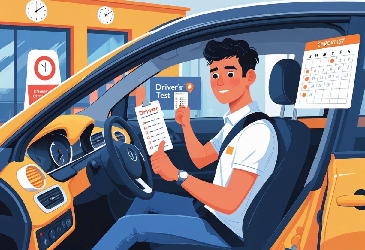A learner driver sitting in a car with an instructor outside, holding a checklist and licence, near a driving test centre with a calendar and clock visible.