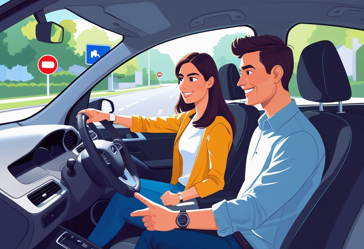 A young adult in the driver's seat listening to a driving instructor who is pointing ahead while sitting beside them in a car on a quiet suburban street.