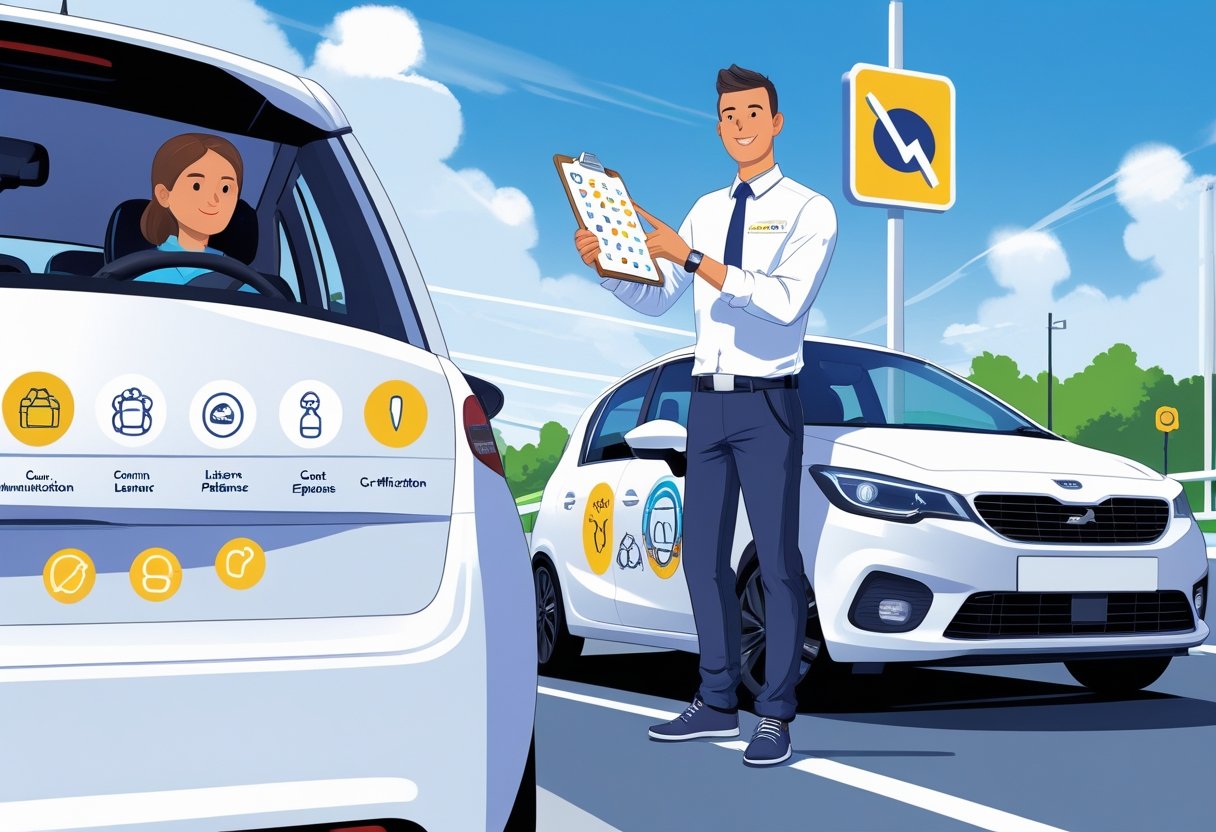A driving instructor stands next to a driving school car, holding a clipboard and pointing to a checklist while a learner driver listens inside the car on a clear city street.