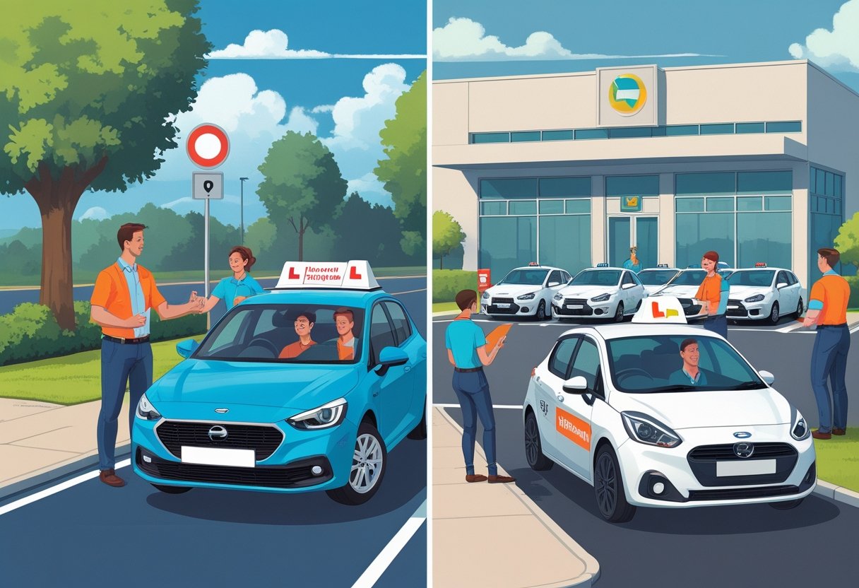 Two scenes side by side showing a single instructor teaching a learner in a car on a quiet street and a driving school with multiple cars, instructors, and learners outside a building.