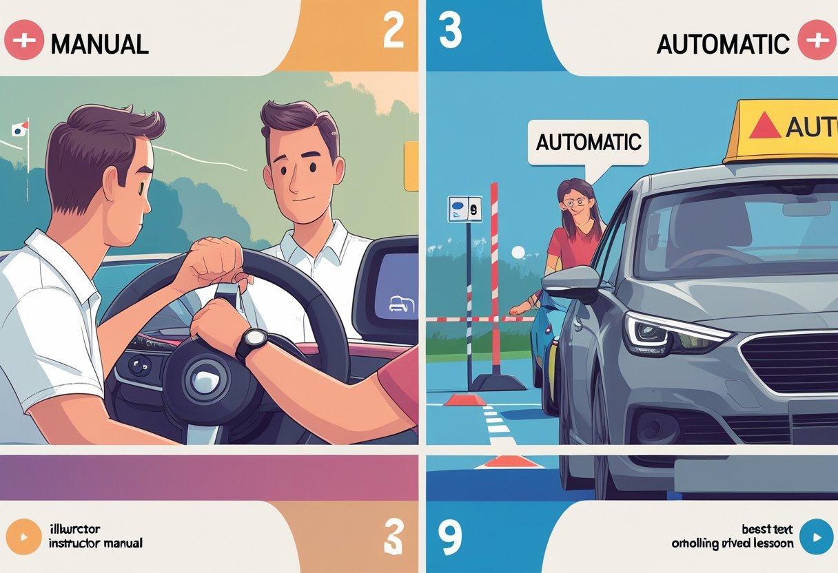 A split scene showing a learner driving a manual car with an instructor on one side and a learner driving an automatic car with an instructor on the other side in a driving school setting.