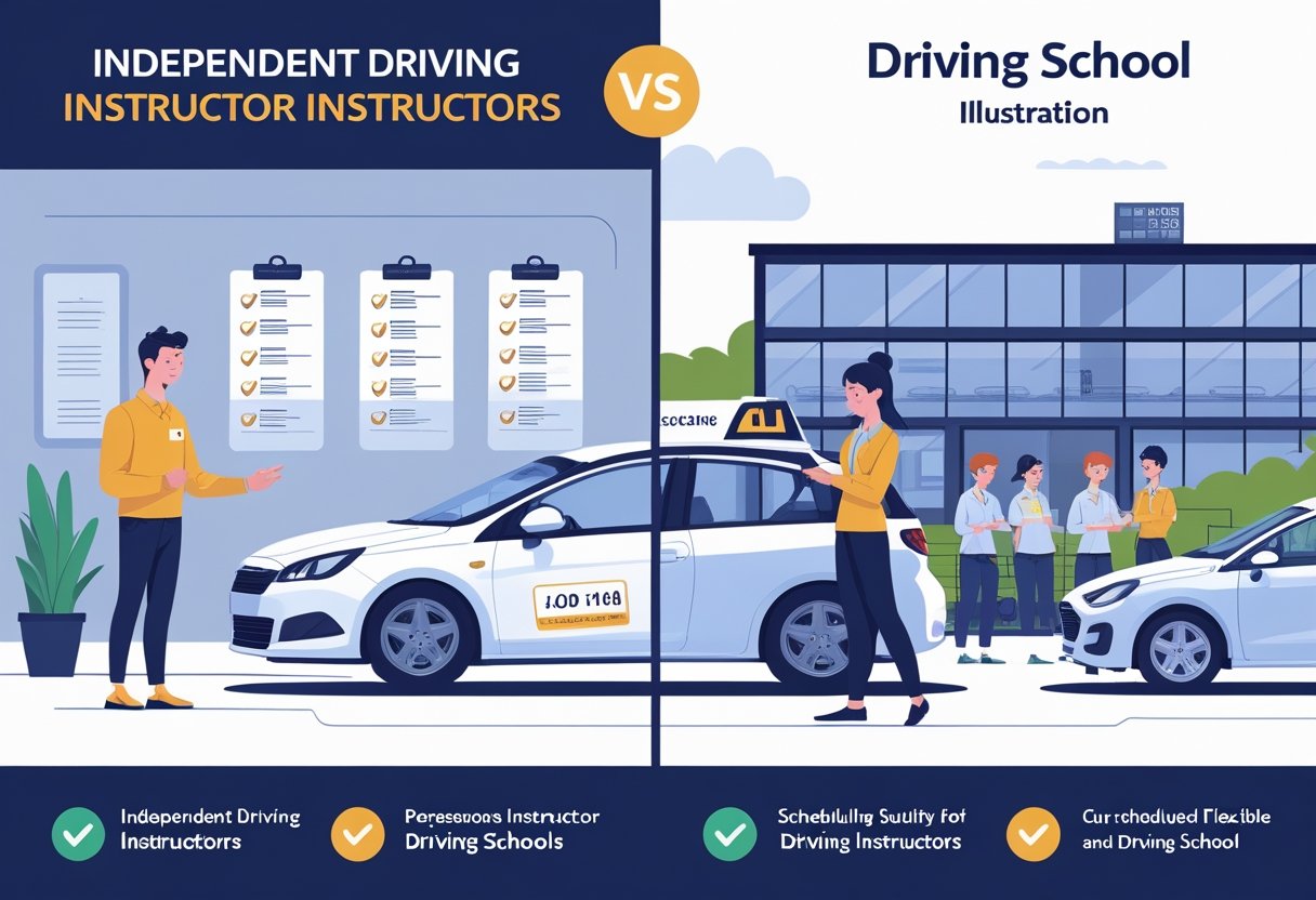 A split scene showing an independent driving instructor working one-on-one with a learner beside a single car, and a driving school with multiple cars, instructors, and learners outside a larger building.