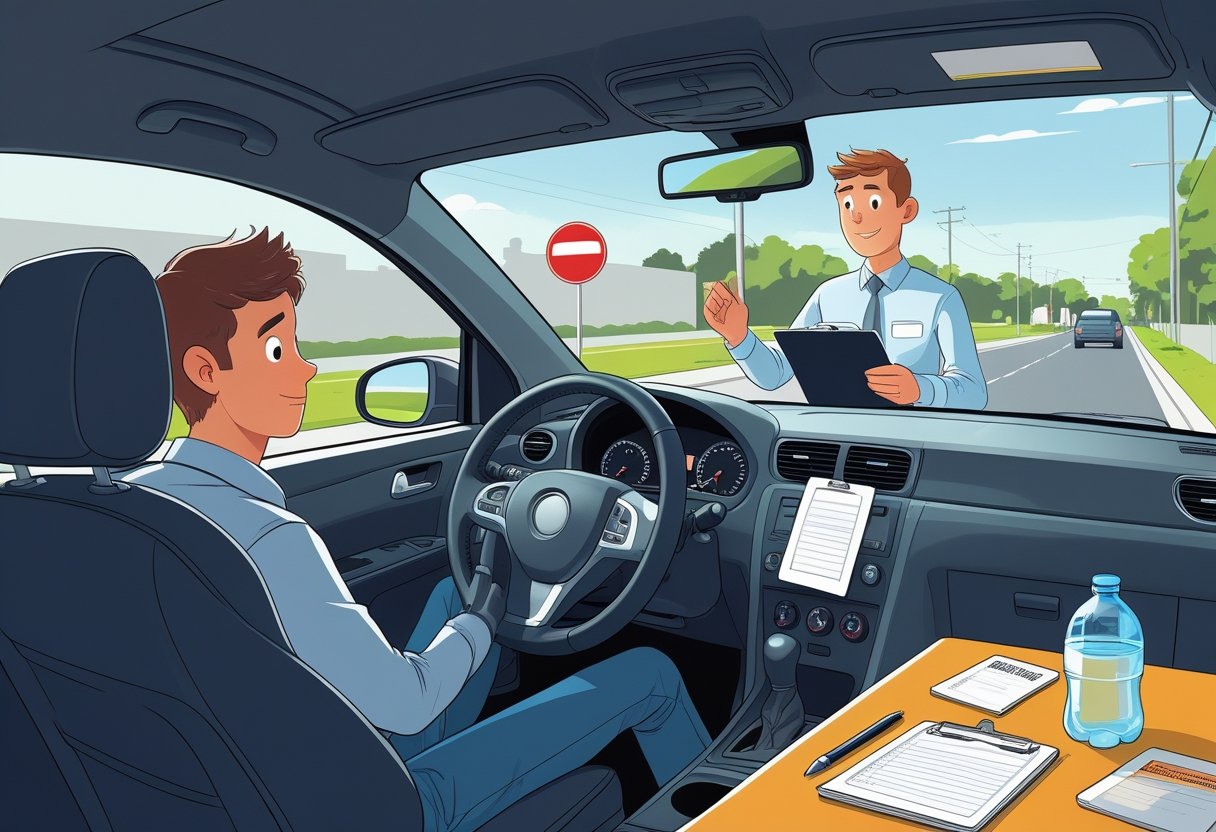 A learner driver sitting in a car with a driving instructor standing outside, with essential items like a learner's permit and notebook nearby.