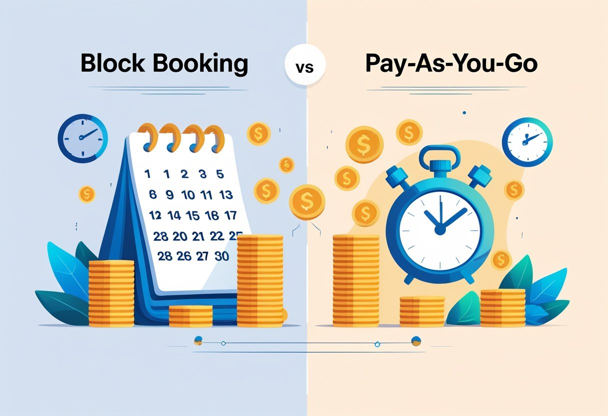 An illustration showing a calendar with grouped dates and stacked coins on one side, and individual coins with a clock on the other, representing block booking versus pay-as-you-go payment methods.