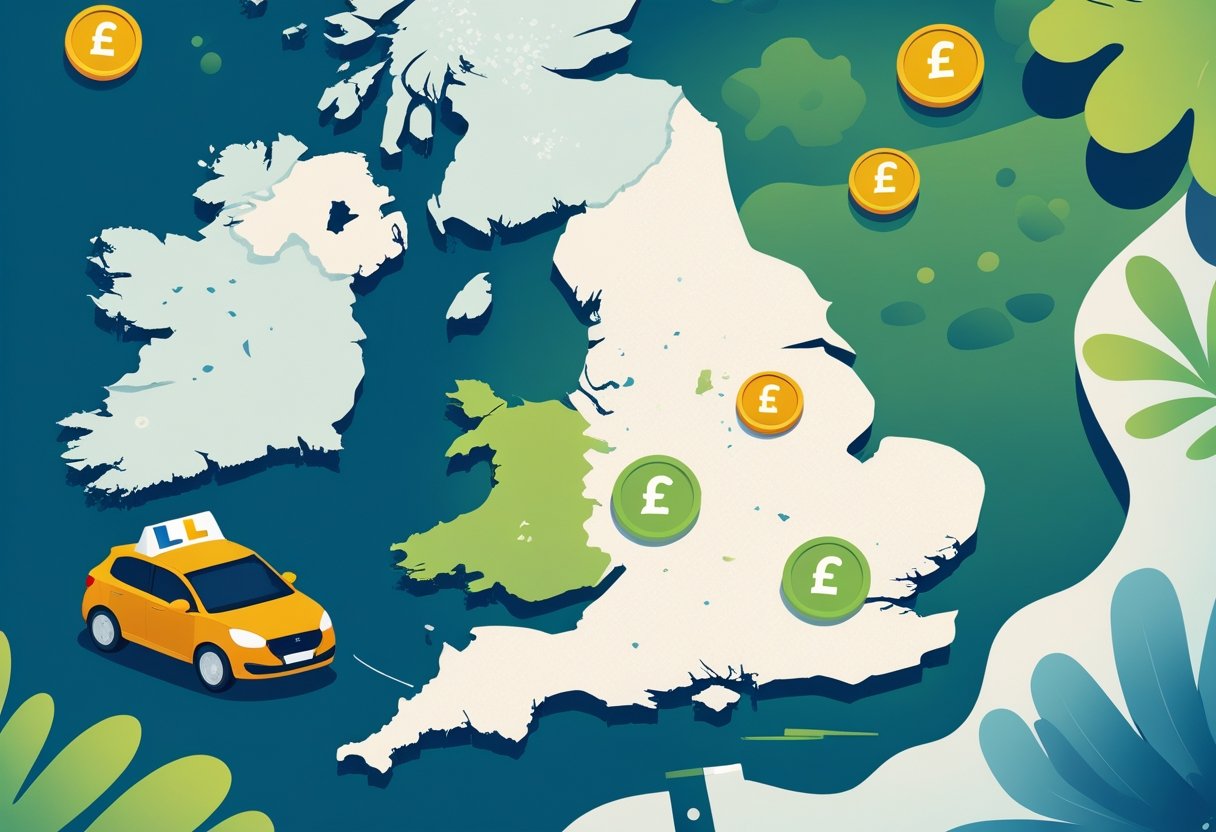 An illustration showing a map of the United Kingdom with icons of a learner driver car and driving instructor, along with symbols representing different costs across regions.