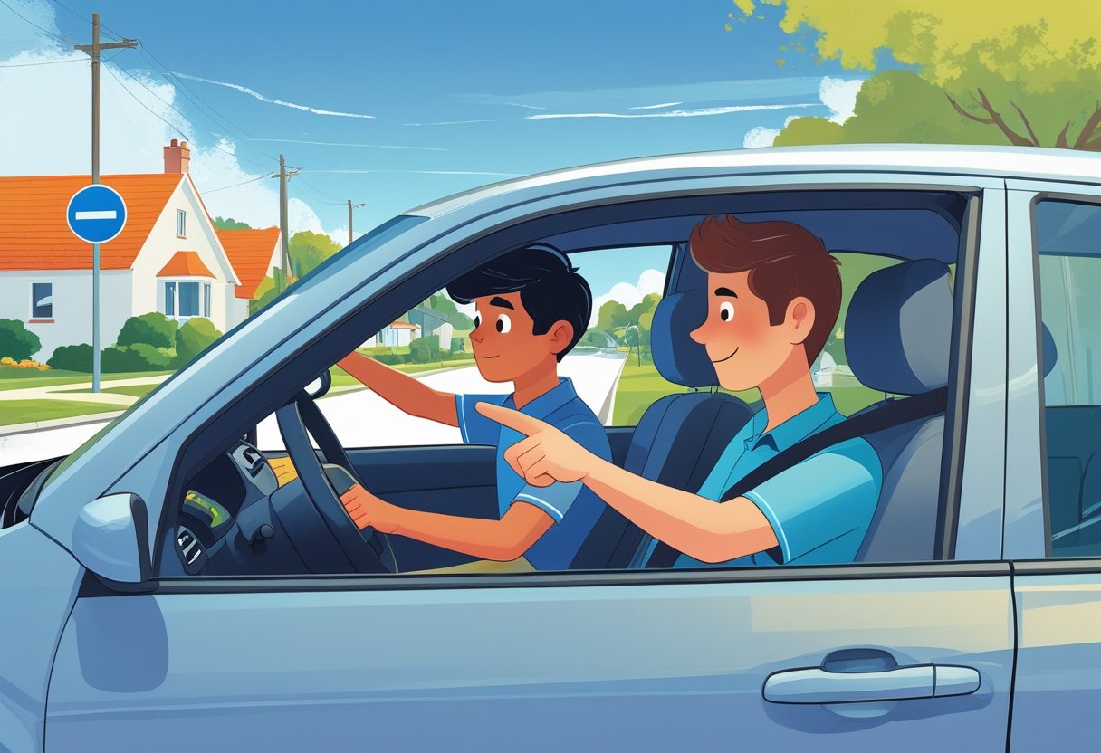 A young person learning to drive with a family member giving guidance inside a parked car on a quiet suburban street.