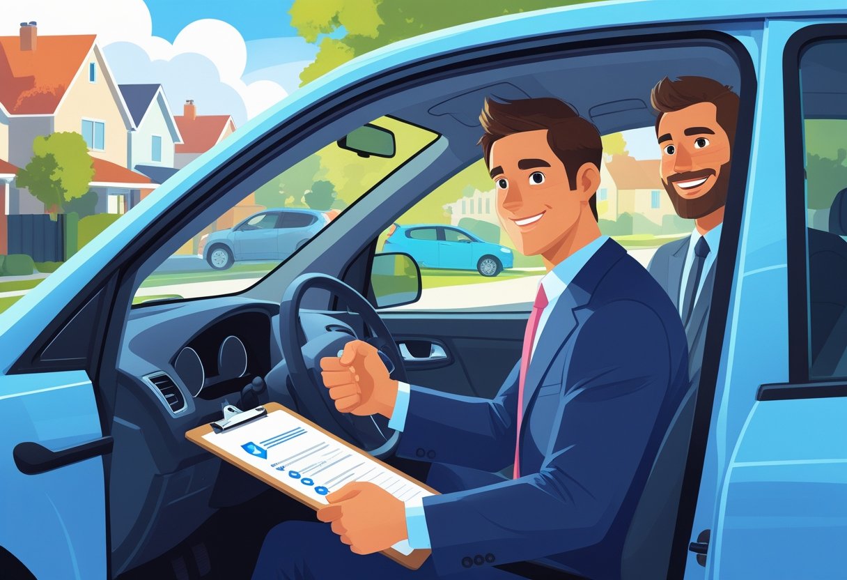 A person sitting in their car holding documents while shaking hands with an insurance agent outside the vehicle in a neighbourhood setting.