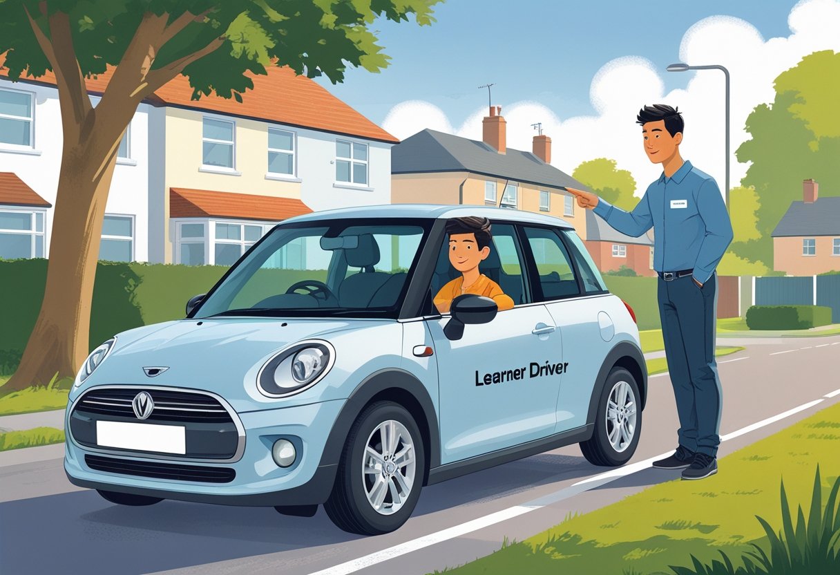A learner driver practising in the same car they will use for their test, with a driving instructor standing beside the vehicle on a suburban street.