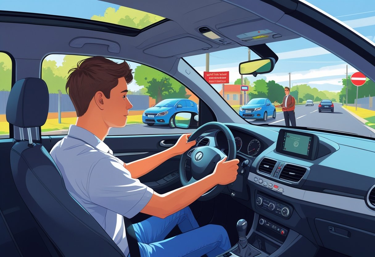 A learner driver practising in a car with an instructor standing outside on a suburban street.