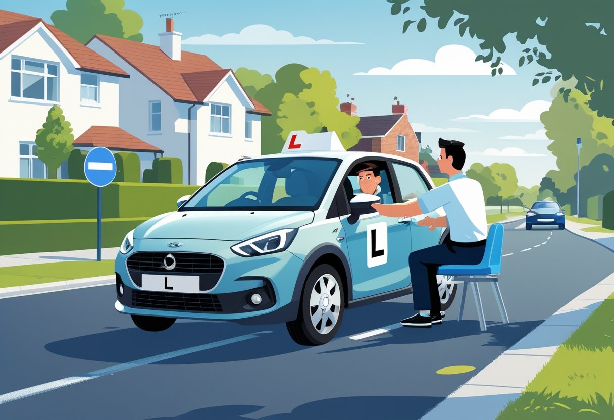 A learner driver practising in their own car with a driving instructor beside them on a quiet suburban street.