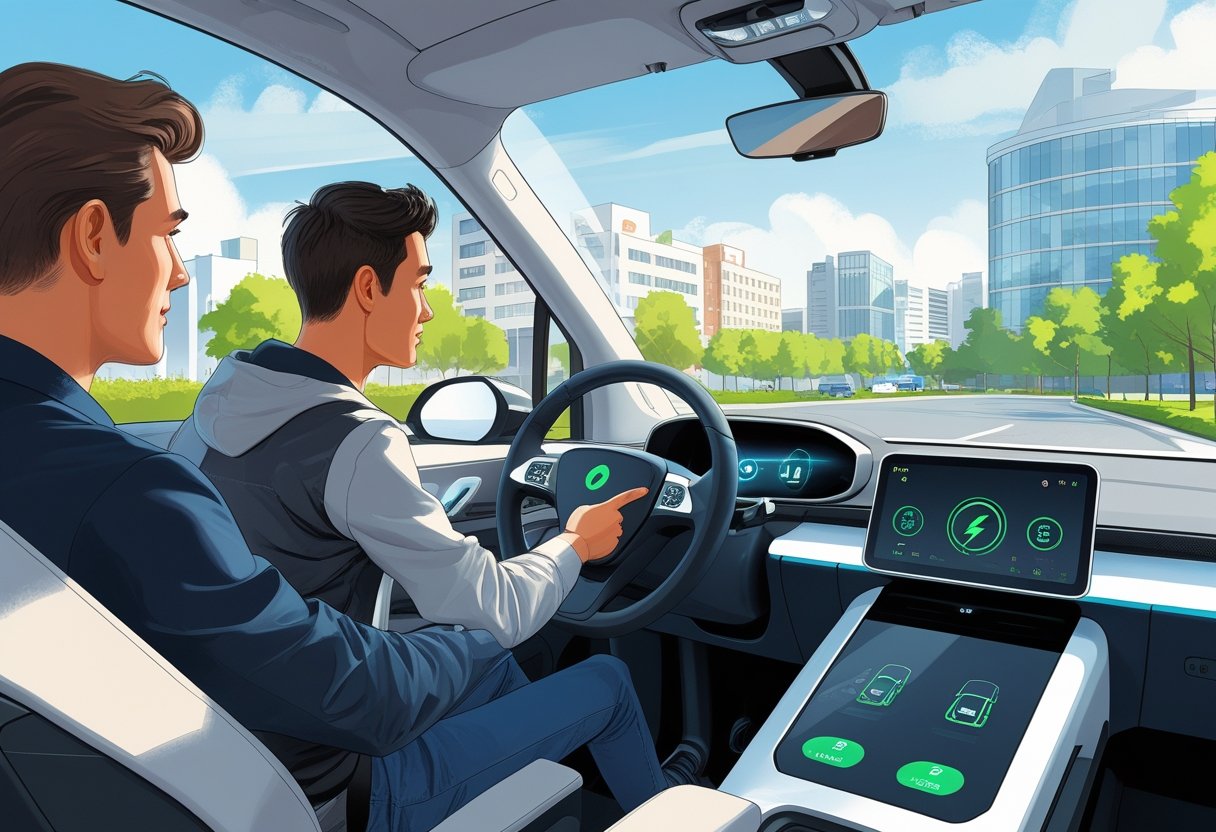 A person learning to drive an electric car with an instructor beside them in a city environment.