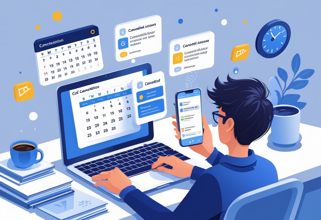 A student using a laptop and smartphone to check a calendar and notifications for available lesson cancellations at a tidy study desk.