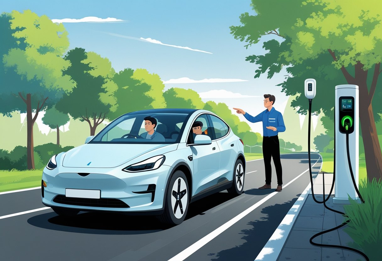 A person learning to drive an electric car with an instructor standing beside the vehicle on a quiet road near a charging station.