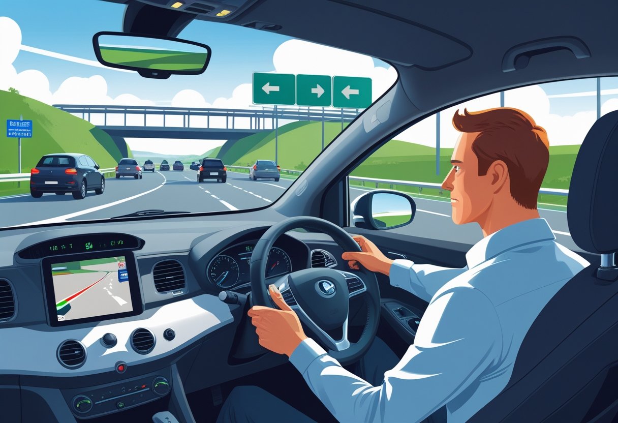 A driving instructor and learner in a car merging onto a motorway with other vehicles and road signs visible.