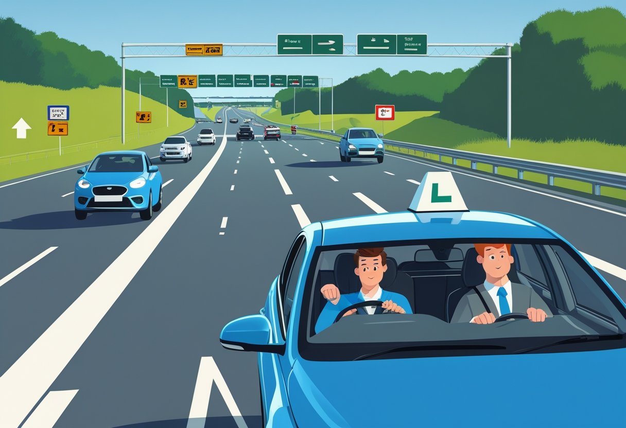 A driving instructor and learner driver in a car on a motorway with other vehicles and road signs visible.